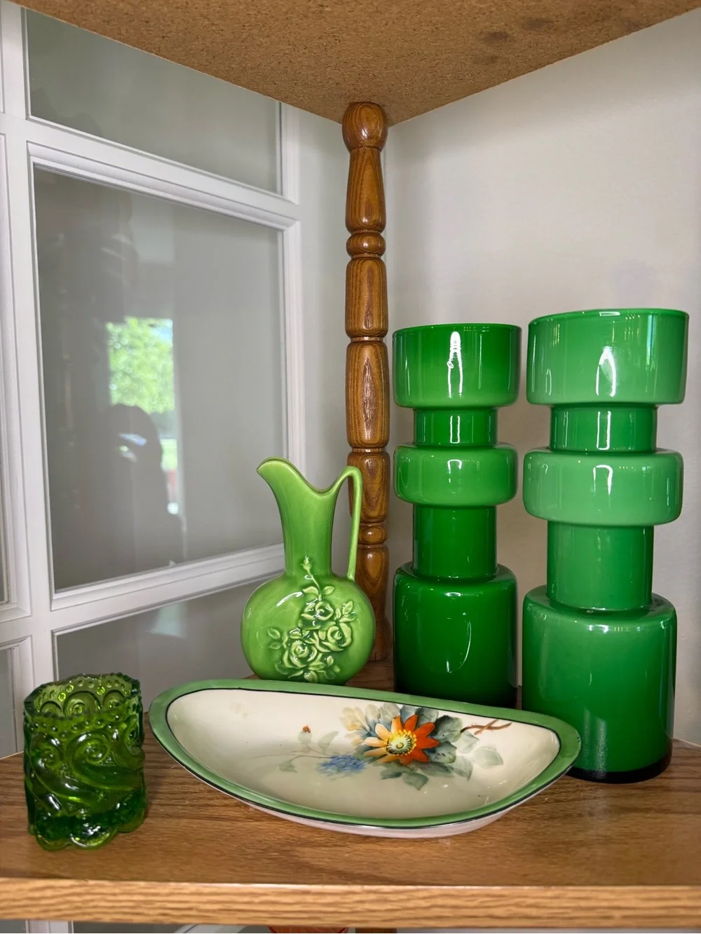 West Elm Green Glass Sculptural Decor/Vase/Candle Holder - Pair